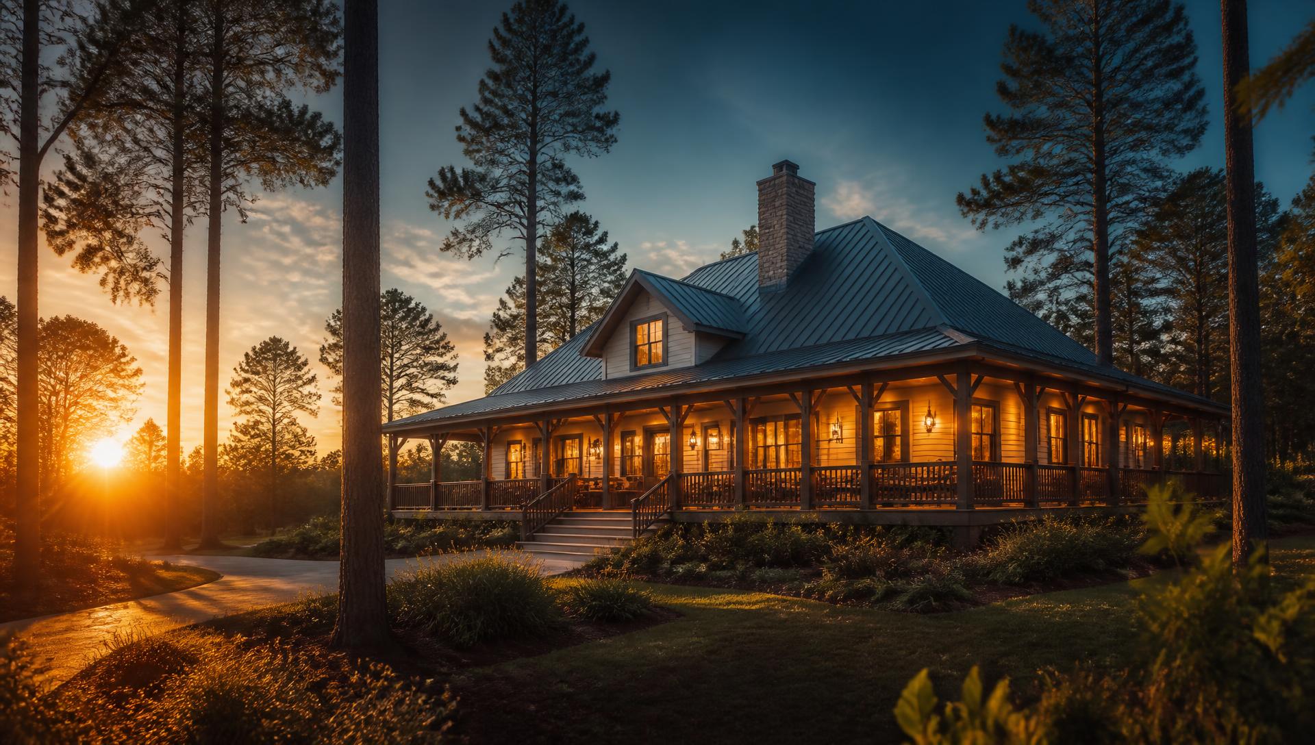 A porch-lit home among East Texas pines at sunset