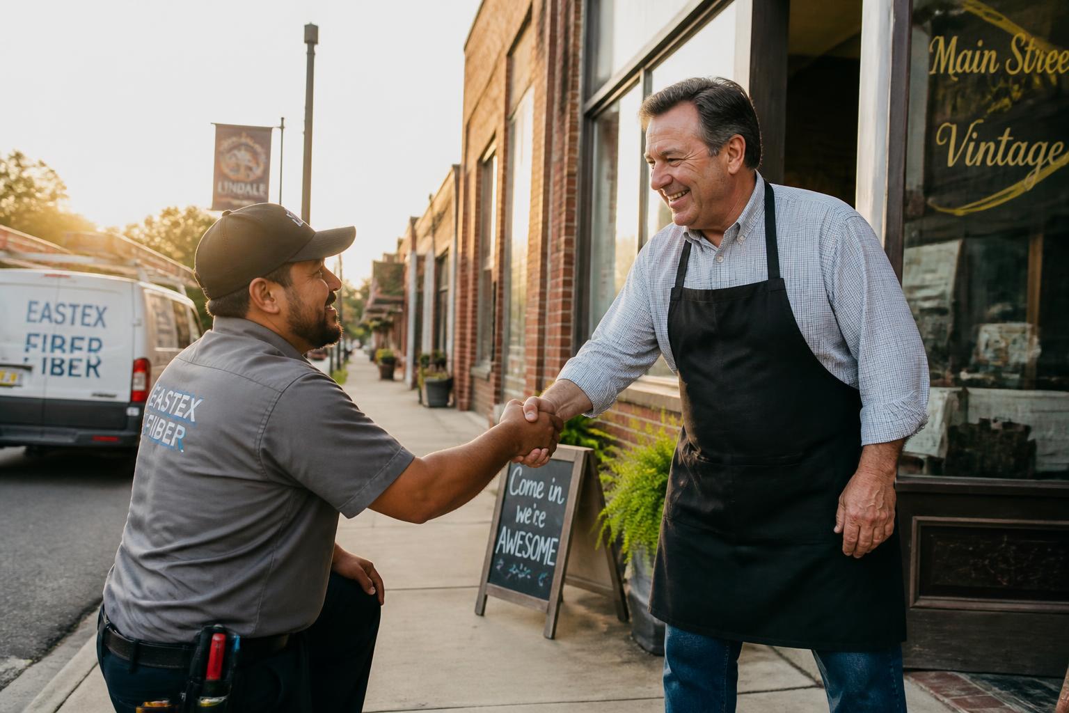 A local shop owner and a technician talking on a small-town main street